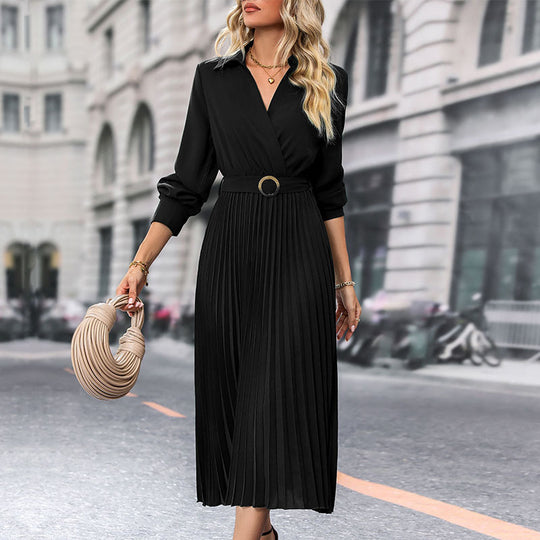Damen Plissiertes Wickel-Midikleid mit Hemdkragen, Taillengürtel und langen Manschettenärmeln EB
