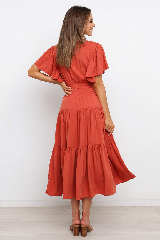 Damen Maxikleid mit tiefem V-Ausschnitt und schwingenden Ärmeln EB