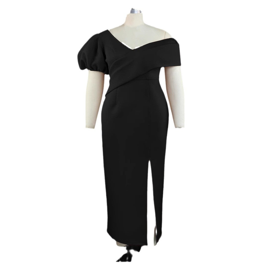 Damen Elegantes, figurbetontes Abendkleid mit asymmetrischem Ausschnitt und Puffärmeln EB