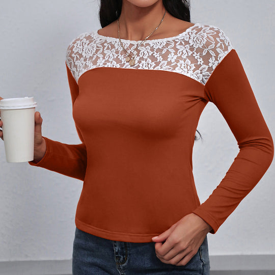 Damen elegantes Langarmshirt mit floralen Spitzendetails EB