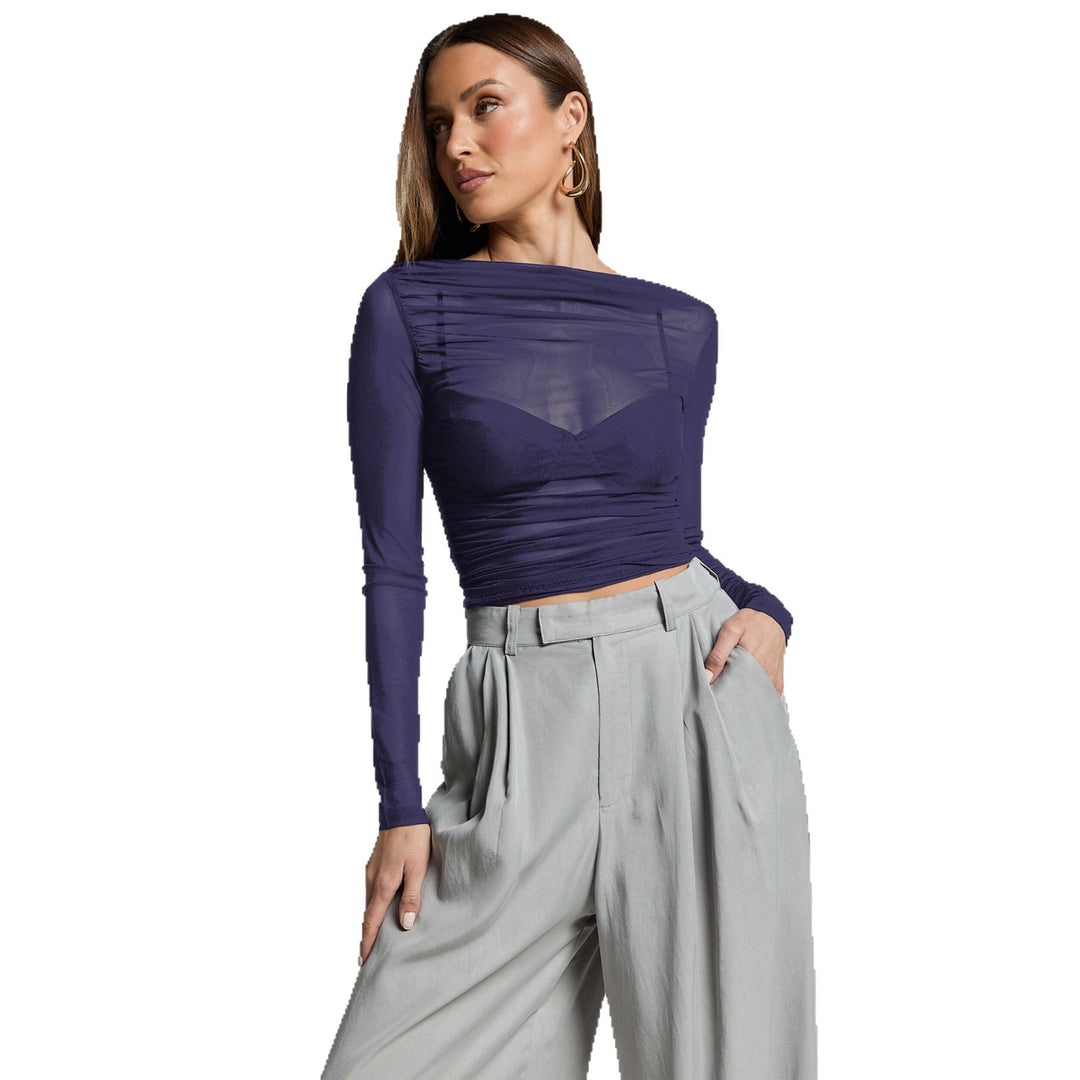 Damen Elegantes Langarmoberteil mit transparentem Mesh und Raffung EB