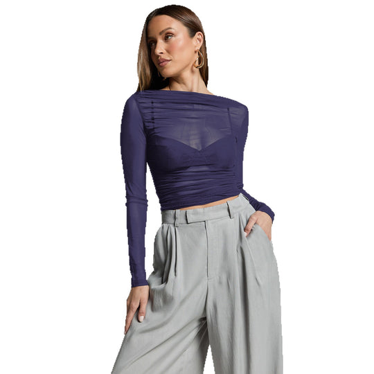 Damen Elegantes Langarmoberteil mit transparentem Mesh und Raffung EB