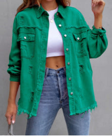 Damen Stylische Overshirt-Jacke mit fransigem Saum EB