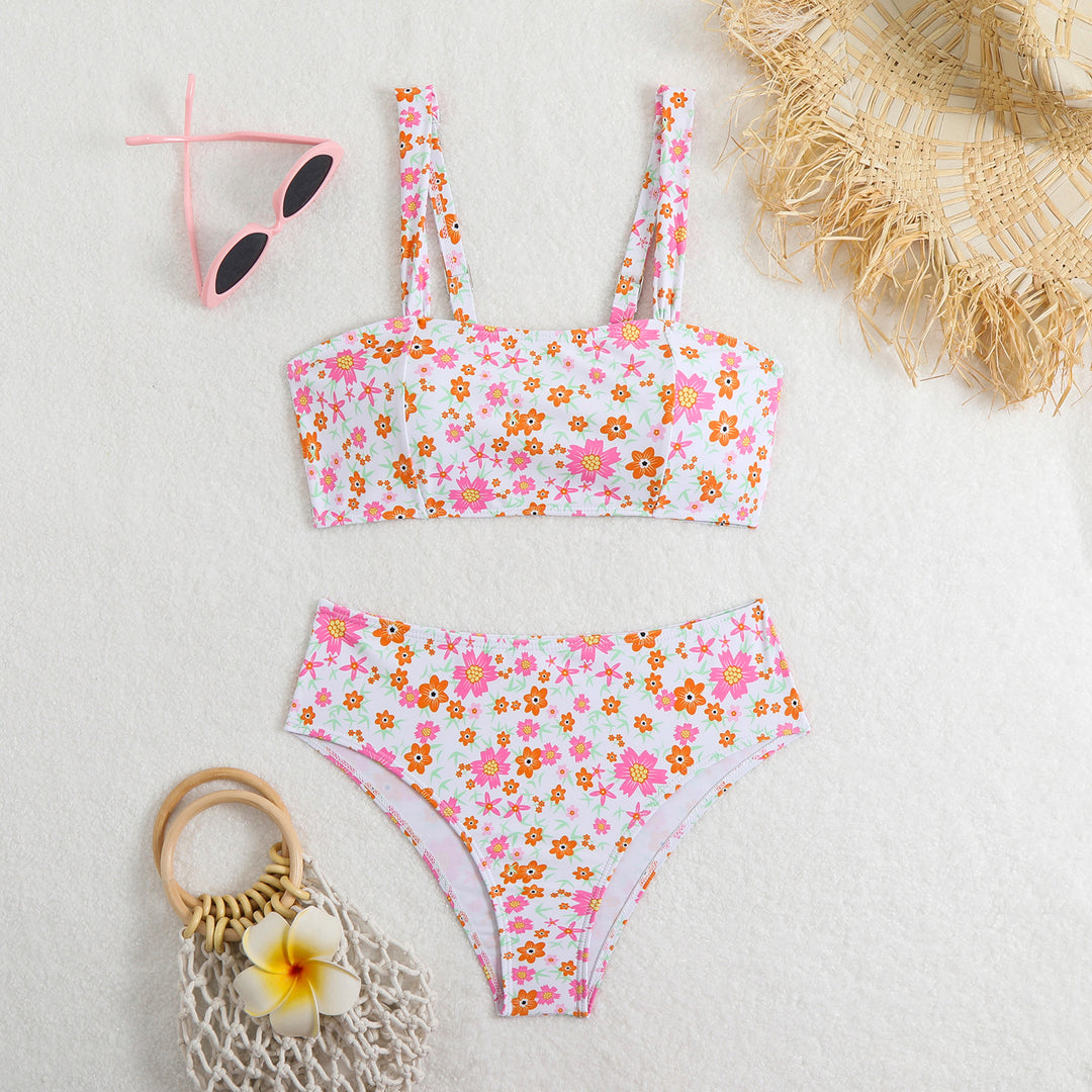 Damen Zweiteiliges Crop-Top Bikini-Set mit floralem Design und breiten Trägern EB