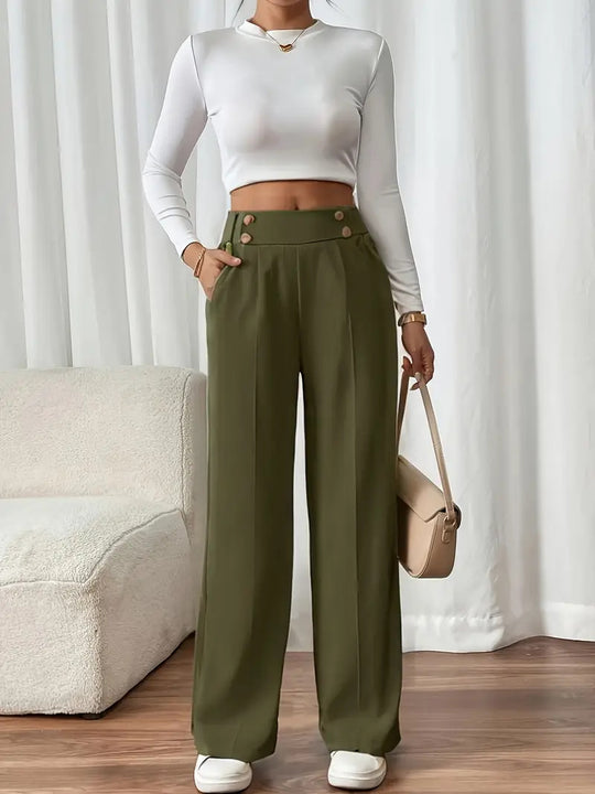 Damen Klassische weite Hose mit Knopfleiste und Taschen EB