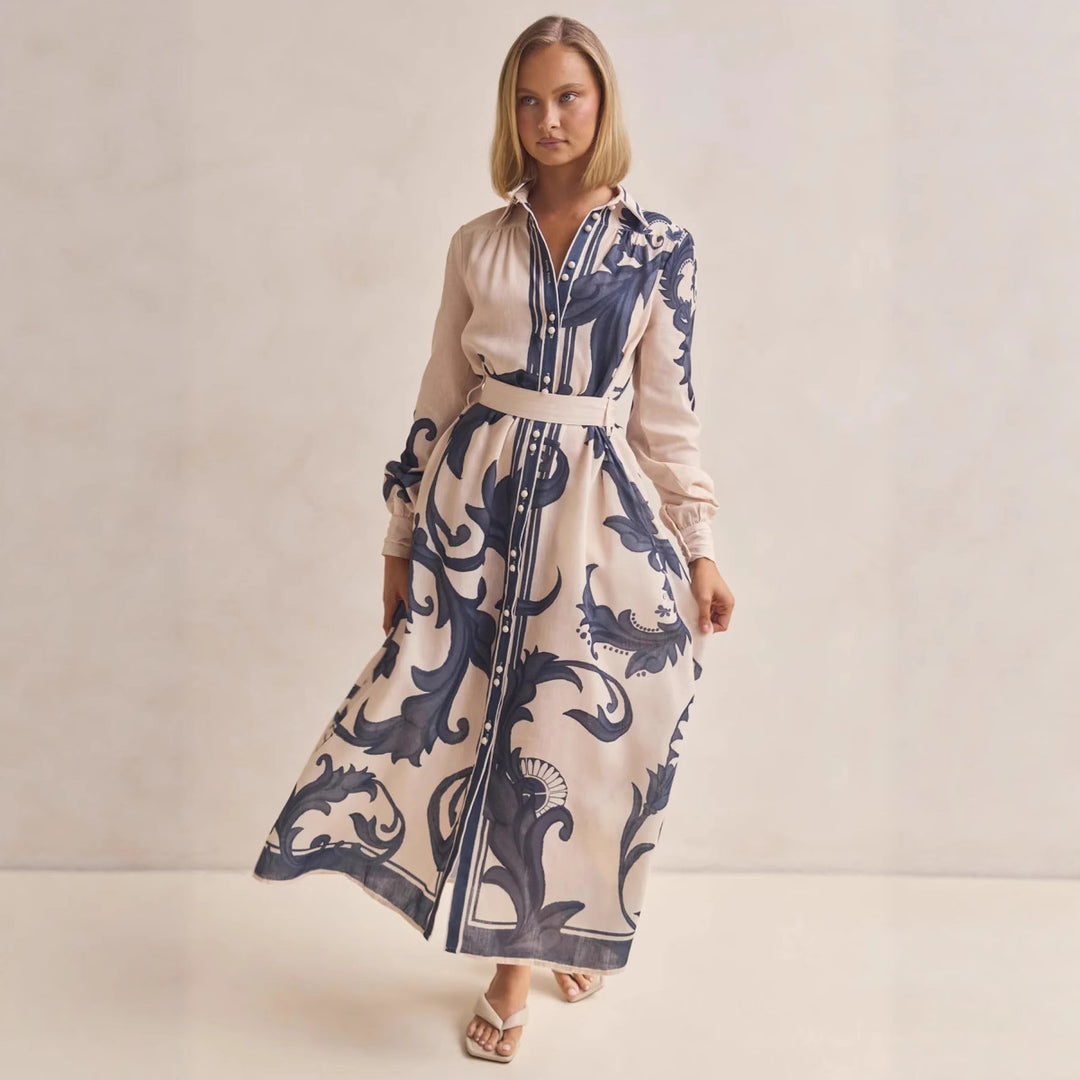 Damen Langarmhemdkleid mit floralen Akzenten und Taillengürtel EB