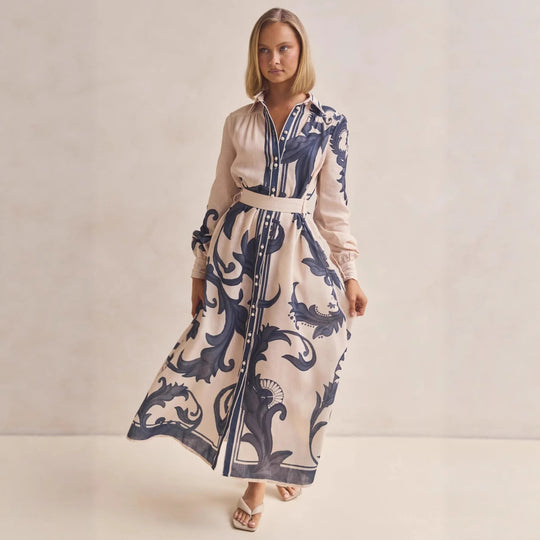 Damen Langarmhemdkleid mit floralen Akzenten und Taillengürtel EB