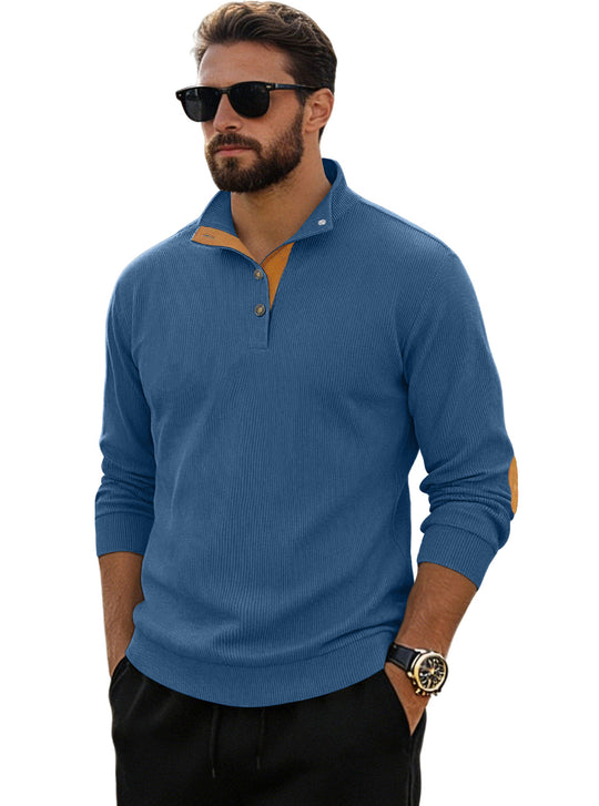 Herren nan fein gerippter Strickpullover mit Polokragen Knopfleiste und Ellenbogenbesatz EB