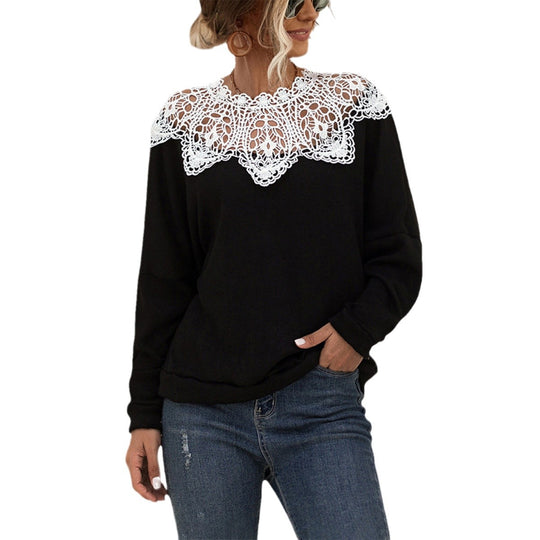 Damen Sweatshirt mit dekorativem Spitzenkragen und lässigem Schnitt EB