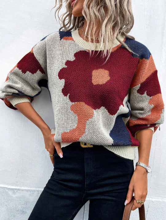 Damen modischer Pullover mit floralem Muster und weiten Ärmeln EB