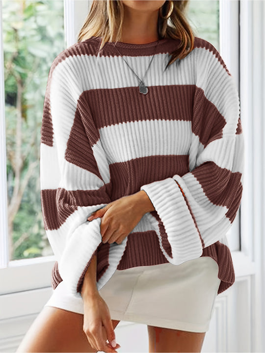 Damen lässiger Strickpullover mit breiten Streifen und lockerer Passform EB
