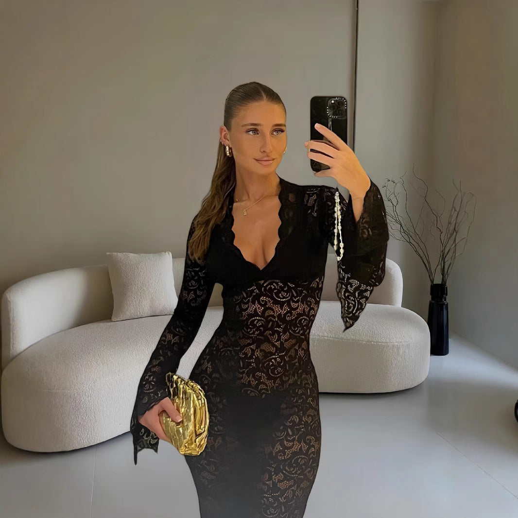 Damen Elegantes Spitzenkleid mit tiefem V-Ausschnitt und extravaganten Ärmeln EB
