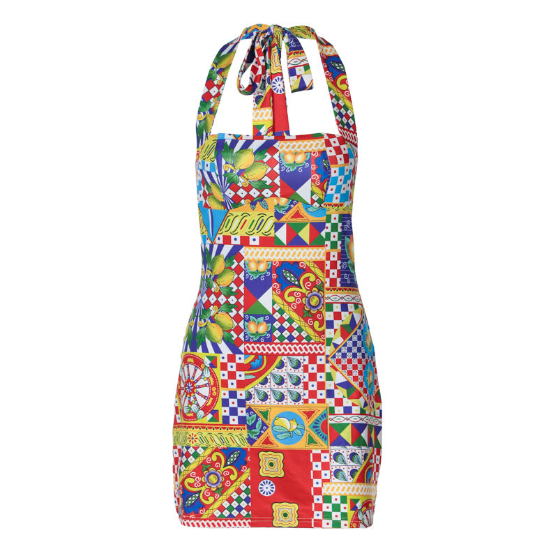 Damen Buntes Kochkleid mit Halterneck und verspielten Mustern EB