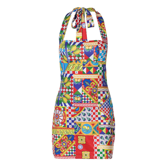 Damen Buntes Kochkleid mit Halterneck und verspielten Mustern EB