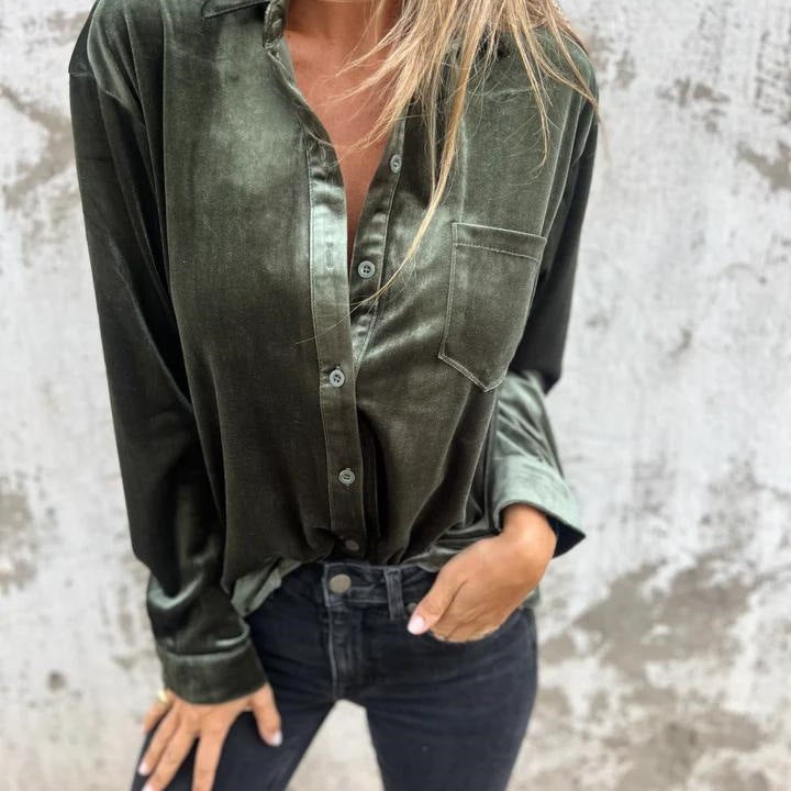 Damen Elegante Satinbluse mit klassischem Kragen und Brusttasche EB