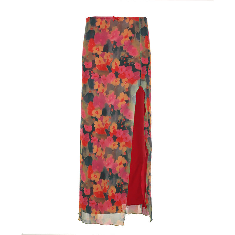 Damen Maxi-Rock mit floralem Chiffon-Design und seitlichem Schlitz EB