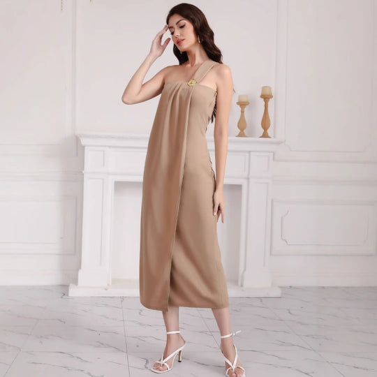 Damen elegantes schulterfreies Maxikleid mit Dekorativem Detail EB