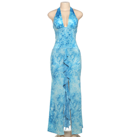 Damen Maxikleid mit raffiniertem Rüschendesign und tiefem V-Ausschnitt EB