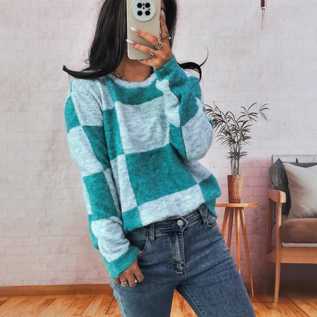 Damen Grobstrickpullover mit modernem Karomuster und lässigem Schnitt EB
