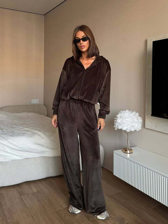 Damen Loungewear-Set mit leichtem Zip-Hoodie, elastischen Bündchen und weiten Palazzo-Hose EB