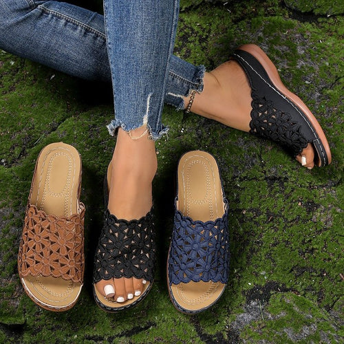 Damen offene Riemchen-Sandalen mit floralem Häkel-Muster EB