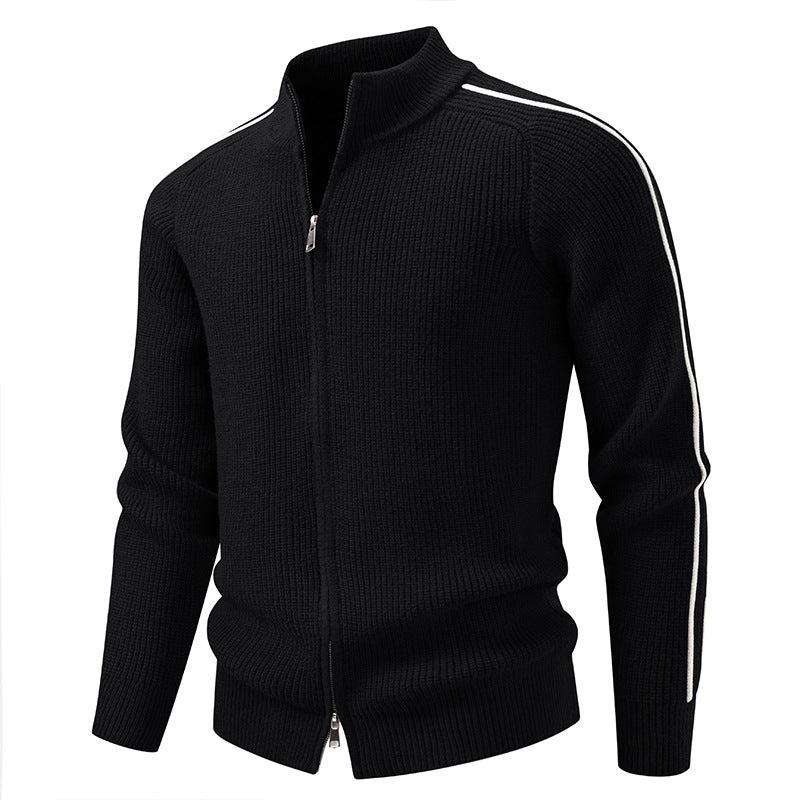 Herren nan Reißverschluss-Strickjacke mit Stehkragen, strukturierter Rippenoptik und kontraststreifen EB
