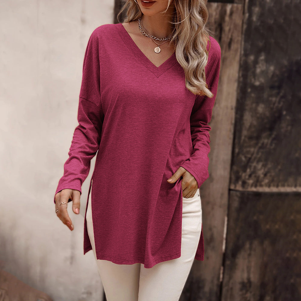 Damen lässige V-Neck Longsleeve-Tunika mit Seitenschlitzen und relaxed Fit Eichborn Berlin