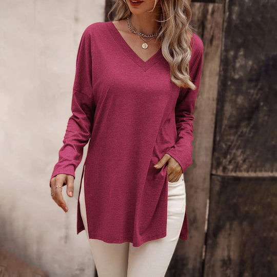 Damen lässige V-Neck Longsleeve-Tunika mit Seitenschlitzen und relaxed Fit Eichborn Berlin
