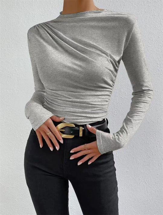 Damen nan gerafftes Langarmshirt mit asymmetrischem U-Boot-Ausschnitt und figurbetonter Silhouette EB