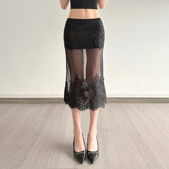 Damen Spitzenrock mit transparentem Unterkleid und verzierten Rüschen EB