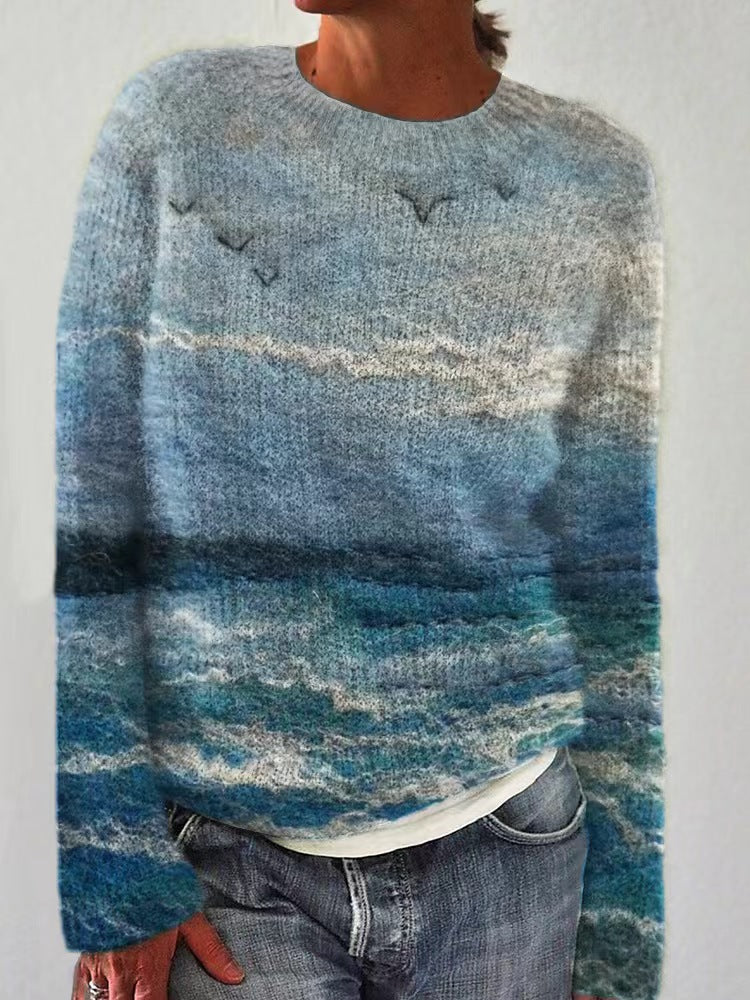 Damen nan bestickter Strickpullover mit reliefartiger Blumenstickerei und Rundhalsausschnitt EB