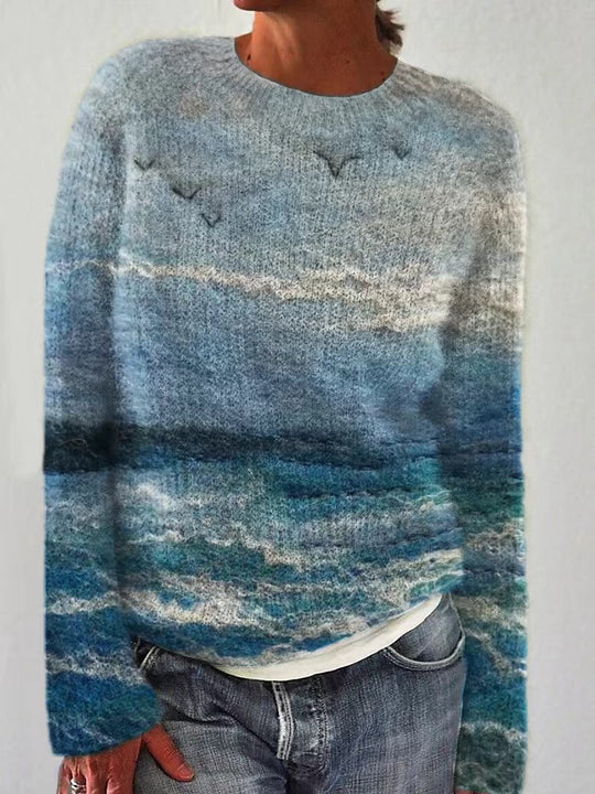 Damen nan bestickter Strickpullover mit reliefartiger Blumenstickerei und Rundhalsausschnitt EB