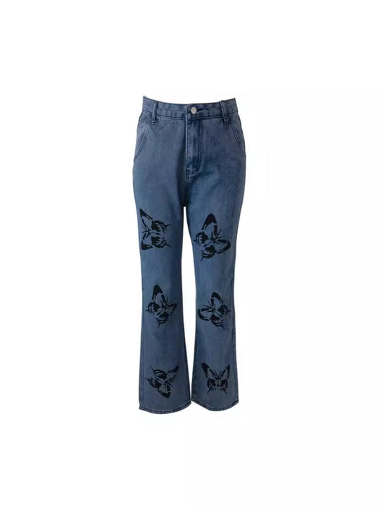 Damen Weit geschnittene Jeans mit kreativem Schmetterlingsdruck EB