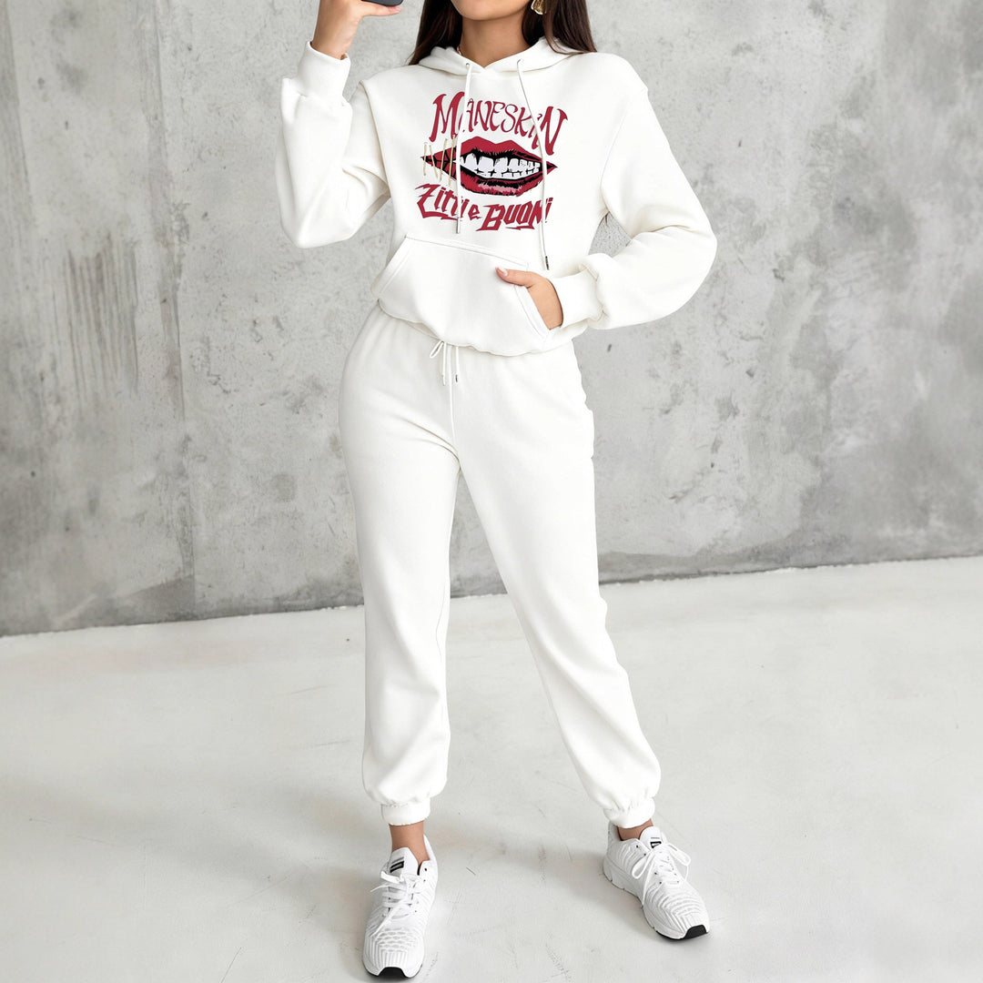 Damen nan Hoodie- und Jogginghose-Set mit Kapuze, Kängurutasche, elastischem Bund und auffälligem Lippen-Statementprint EB