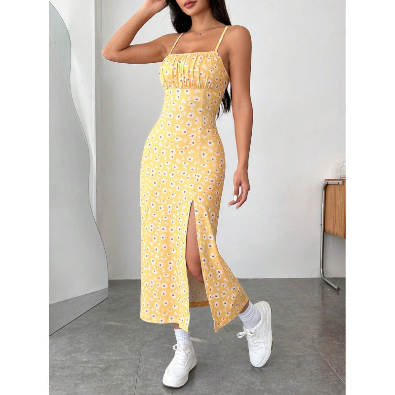 Damen Blumenkleid mit Spaghettiträgern und seitlichem Schlitz EB