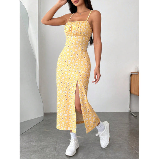 Damen Blumenkleid mit Spaghettiträgern und seitlichem Schlitz EB