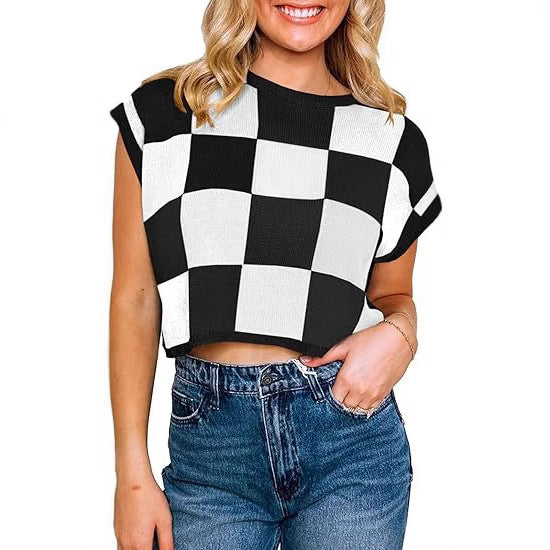 Damen lässiges ärmelloses Pullover-Top mit karierter Musterung EB