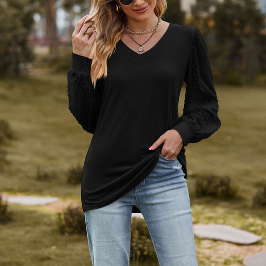 Damen elegantes V-Ausschnitt Oberteil mit Puffärmeln EB