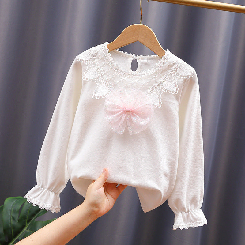 Mädchen Langarmshirt mit niedlicher Spitzenverzierung und Schleifendekor EB