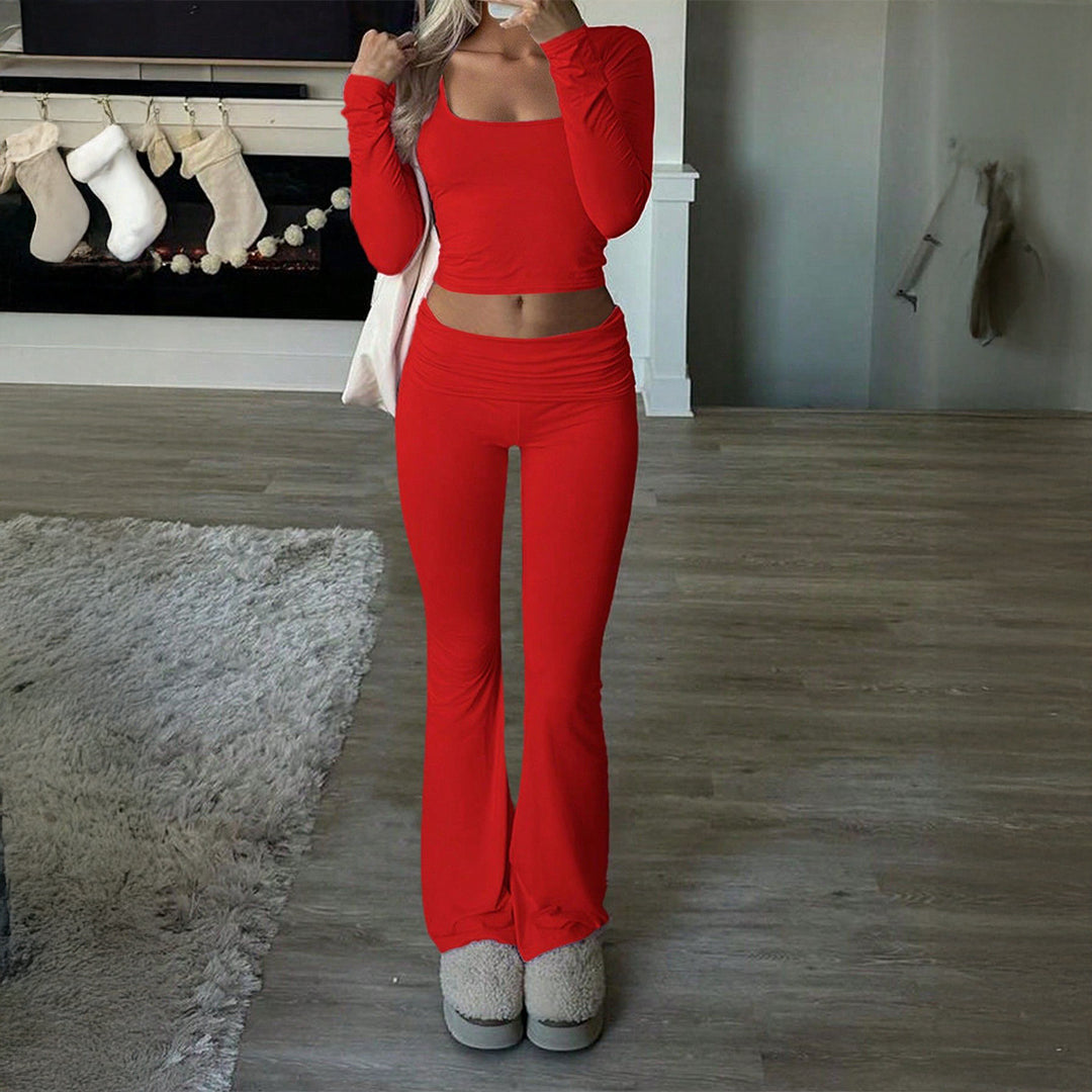 Damen nan figurbetontes Cropped-Set mit langärmeligem Top mit quadratischem Ausschnitt und ausgestellter High‑Waist Yoga-Hose EB