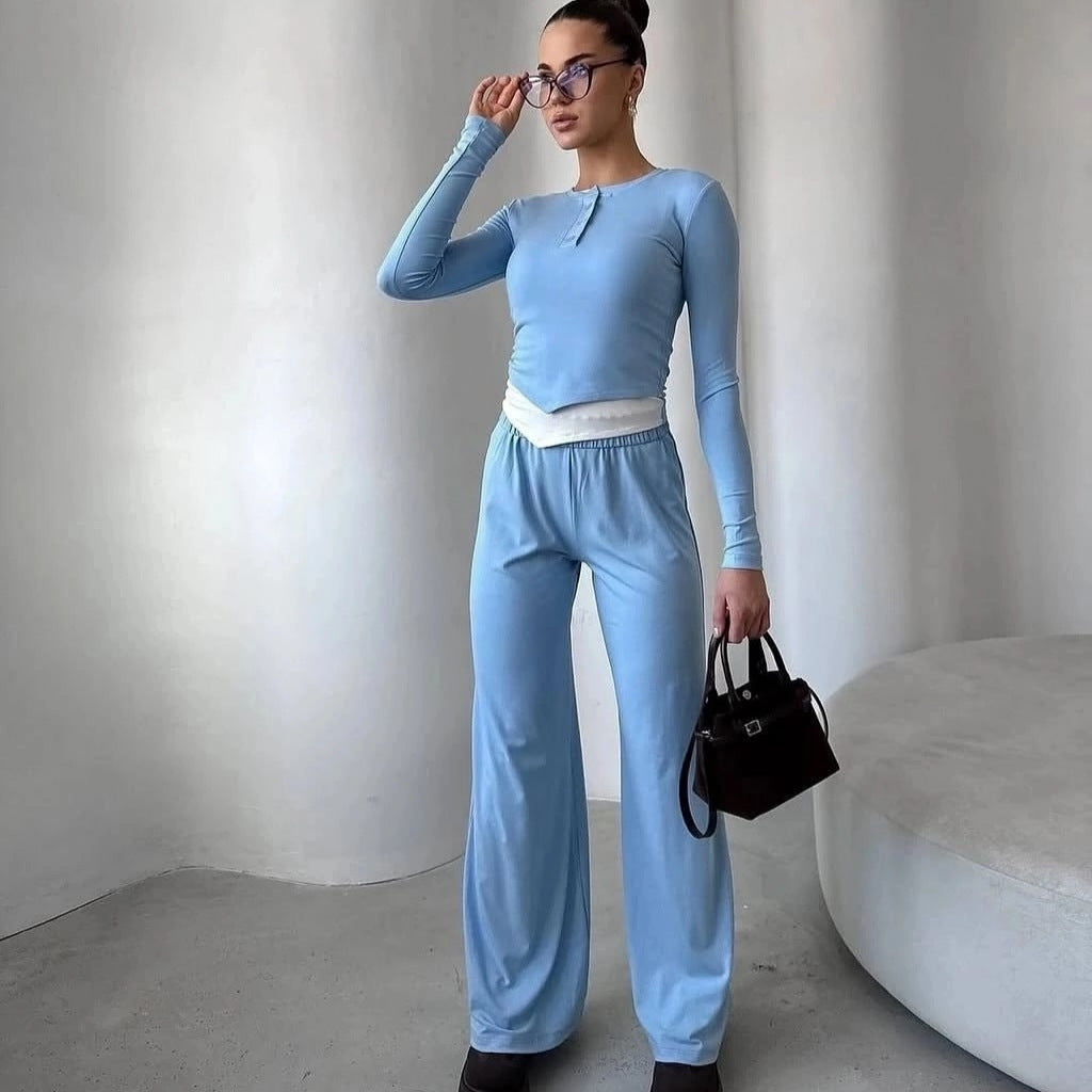 Damen Loungewear-Set aus weichem Modal mit Henley-Knopfleiste und weitem High-Waist Jogger EB