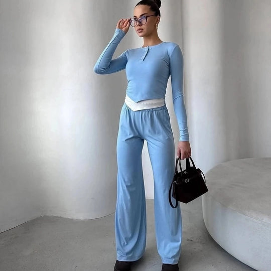 Damen Loungewear-Set aus weichem Modal mit Henley-Knopfleiste und weitem High-Waist Jogger EB
