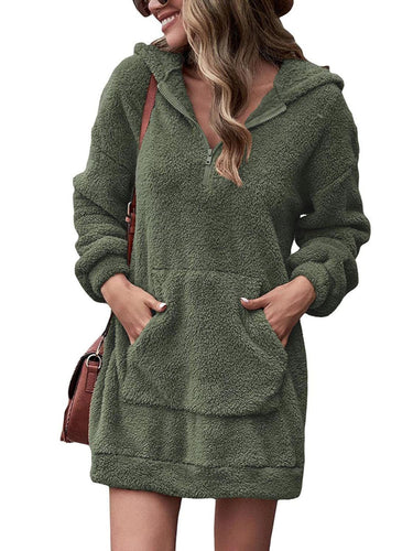 Damen Kuscheliger Hoodie-Kleid mit praktischen Taschen und halben Reißverschluss EB