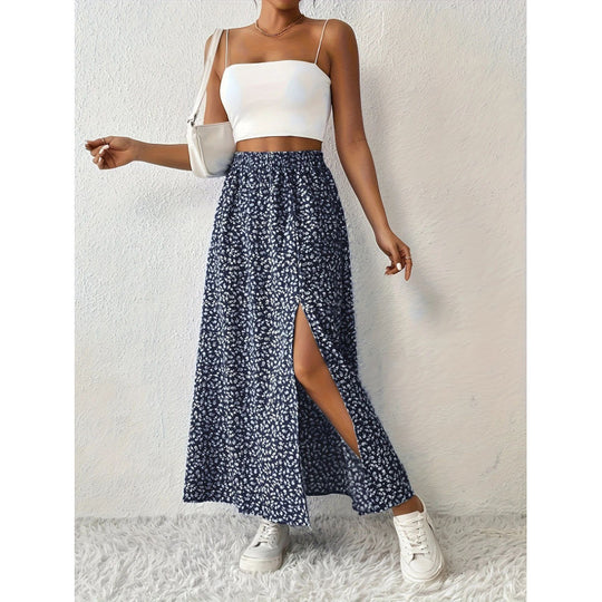 Damen Maxirock mit floralem Muster und seitlichem Schlitz EB