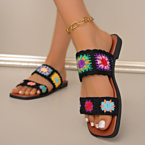 Damen Sommer-Sandalen mit floralem Häkelmuster und bequemer Sohle EB