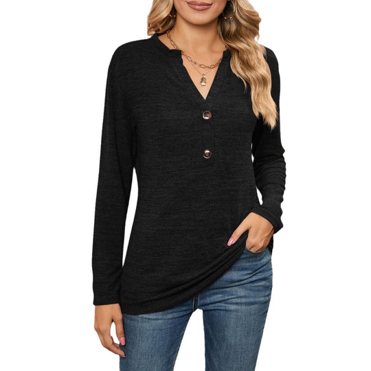 Damen Langarm-Hemd mit Knopfleiste und elegantem V-Ausschnitt EB