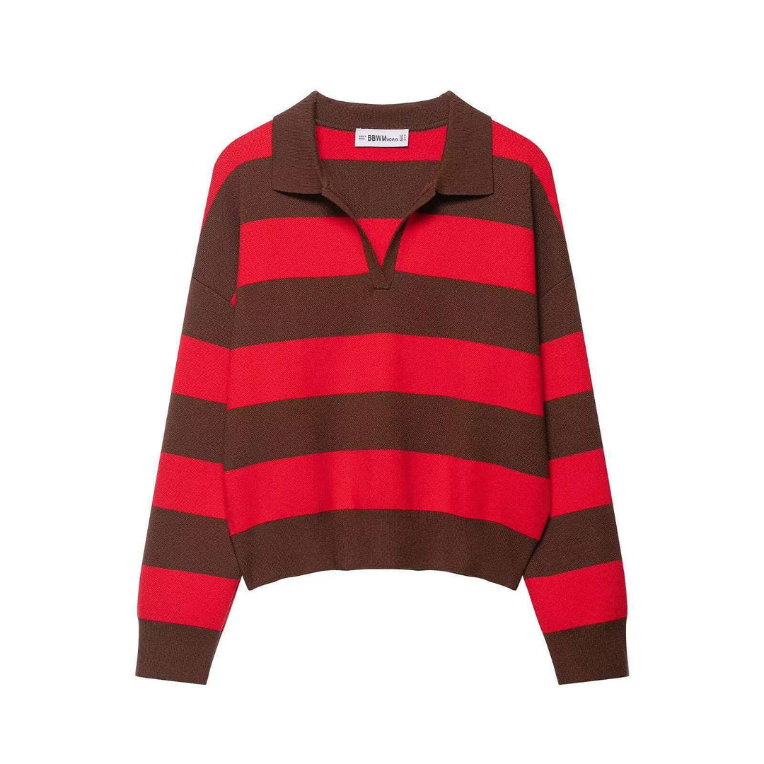 Damen nan gestreifter Rugby-Strickpullover mit Polokragen und weiter Oversize-Passform EB