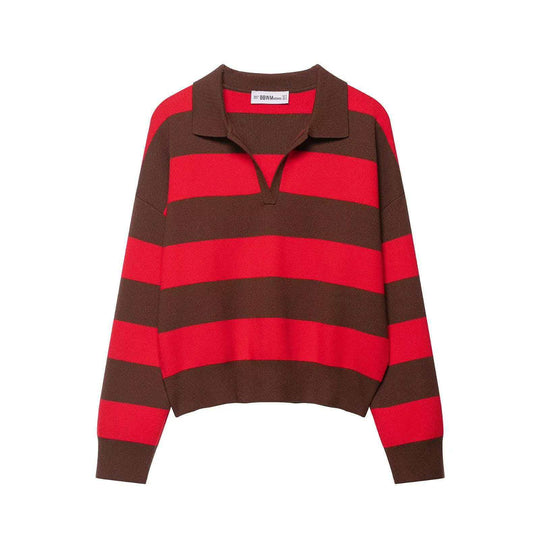 Damen nan gestreifter Rugby-Strickpullover mit Polokragen und weiter Oversize-Passform EB