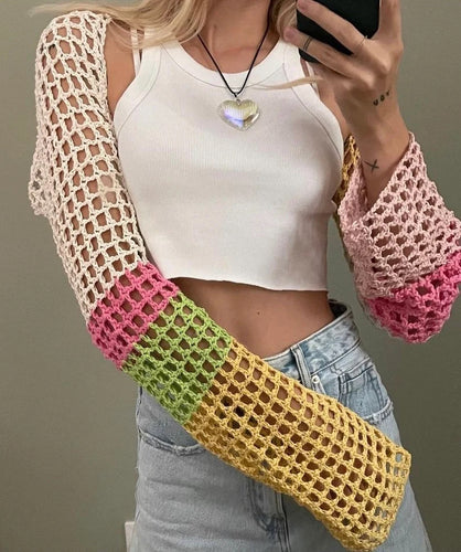 Damen gehäkeltes Langarm-Oberteil mit buntem Netzdesign EB