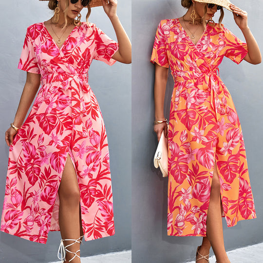 Damen Wickelmaxikleid mit floralem Muster und eleganter Schärpe EB